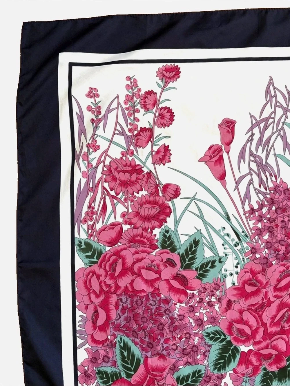 Floral Square Scarf Pink Navy Botanical 27 x 27 Rose Hydrangea Lily